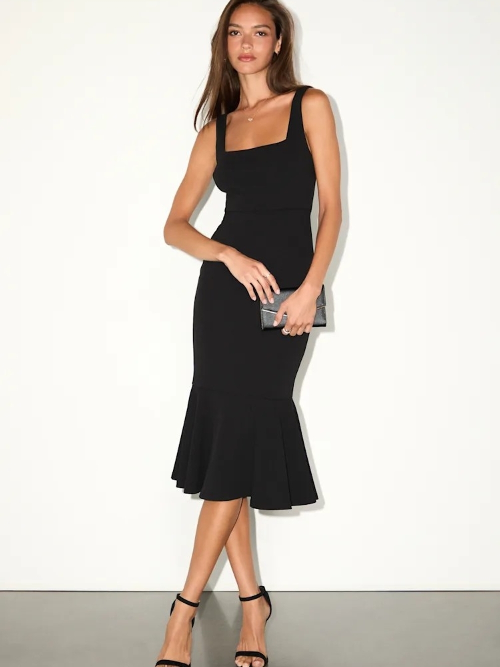 Lulus Moment Maker Black Square Neck Trumpet Midi Dress XS